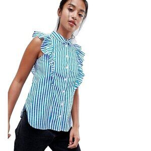 Noisy May Blouse Womens L Blue White Stripe Ruffle Coastal Romantic Sleeveless